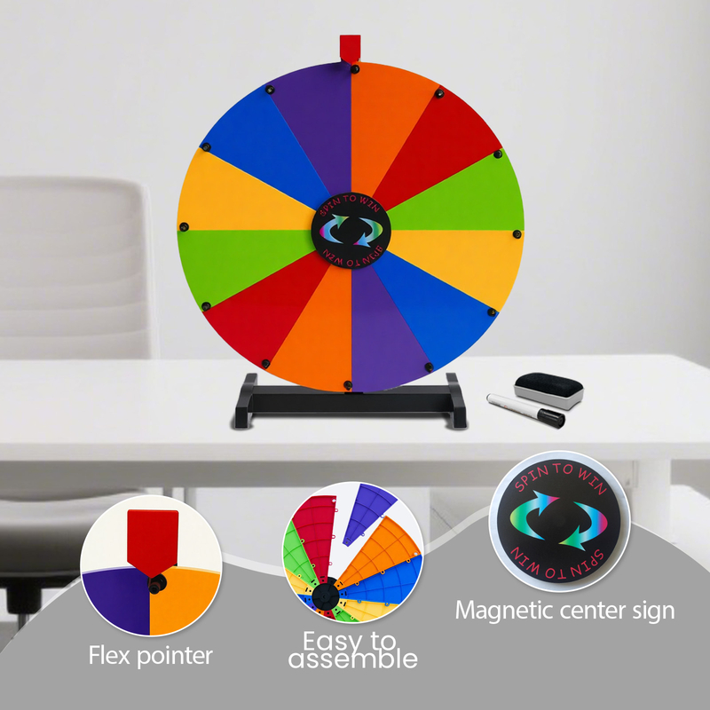 Assembly wheel telescoping prize wheel with tabletop stand