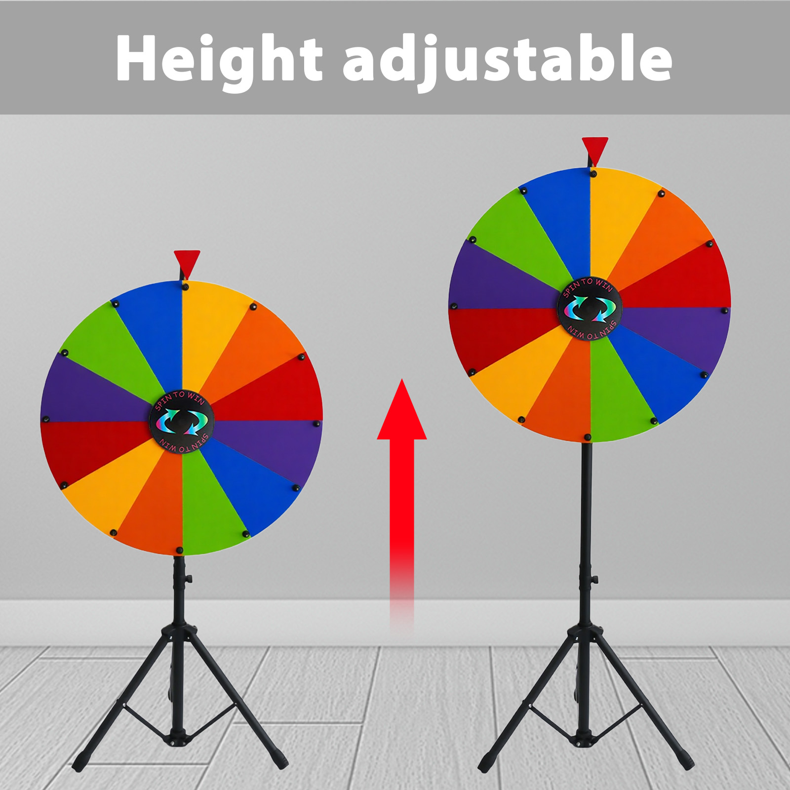 Assembly wheel telescoping prize wheel with tripod 